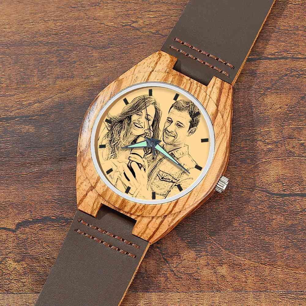 Men's Engraved Wooden Photo Watch Brown Leather Strap 45mm - soufeelus