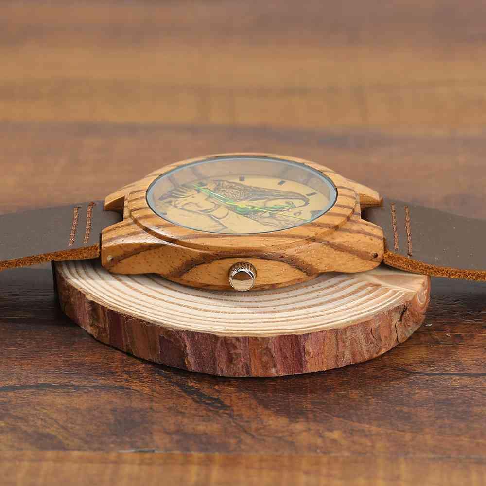 Men's Engraved Wooden Photo Watch Brown Leather Strap 45mm - soufeelus