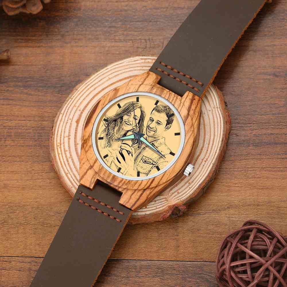 Men's Engraved Wooden Photo Watch Brown Leather Strap 45mm - soufeelus