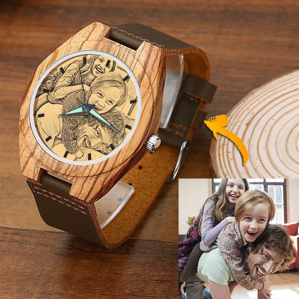 Men's Engraved Wooden Photo Watch Brown Leather Strap 45mm - soufeelus