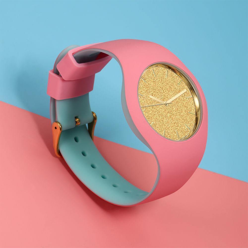 Unisex Silicone Engraved Watch Unisex Engraved Watch  41mm Pink and Blue Strap - Golden - soufeelus
