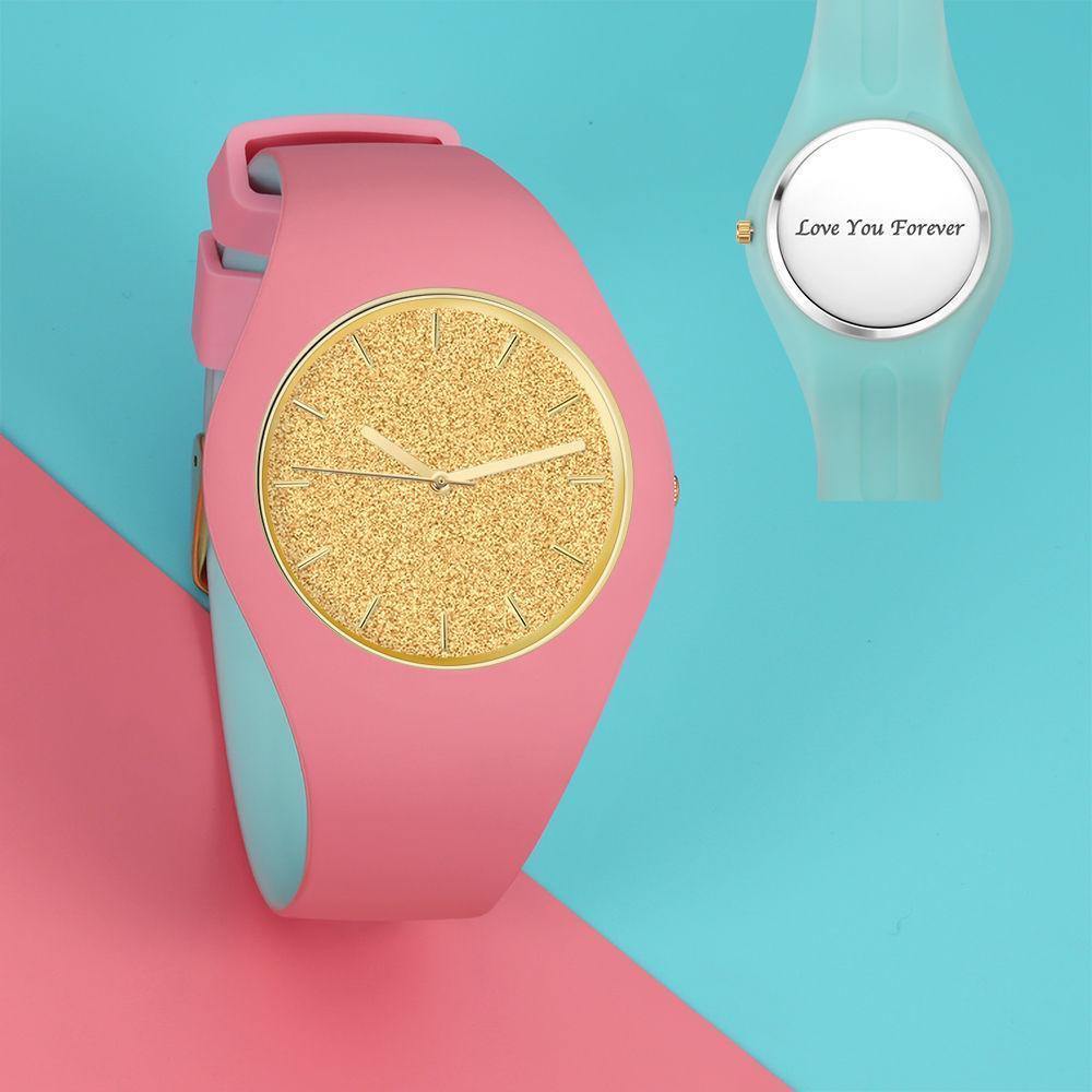 Unisex Silicone Engraved Watch Unisex Engraved Watch 41mm Pink and Blue Strap - Golden - soufeelus