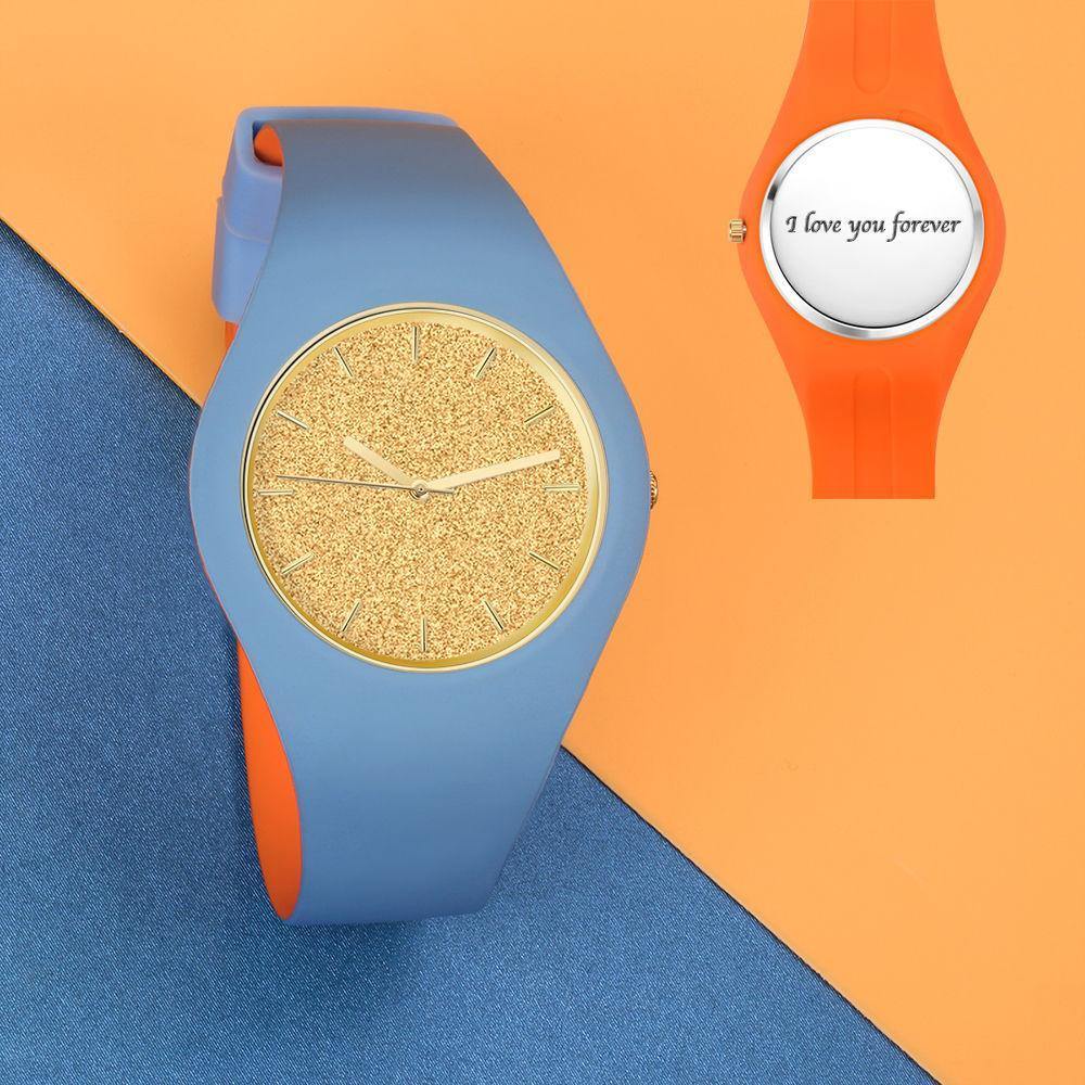 Unisex Silicone Engraved Watch Unisex Engraved Watch  41mm Blue and Orange Strap - Golden - soufeelus