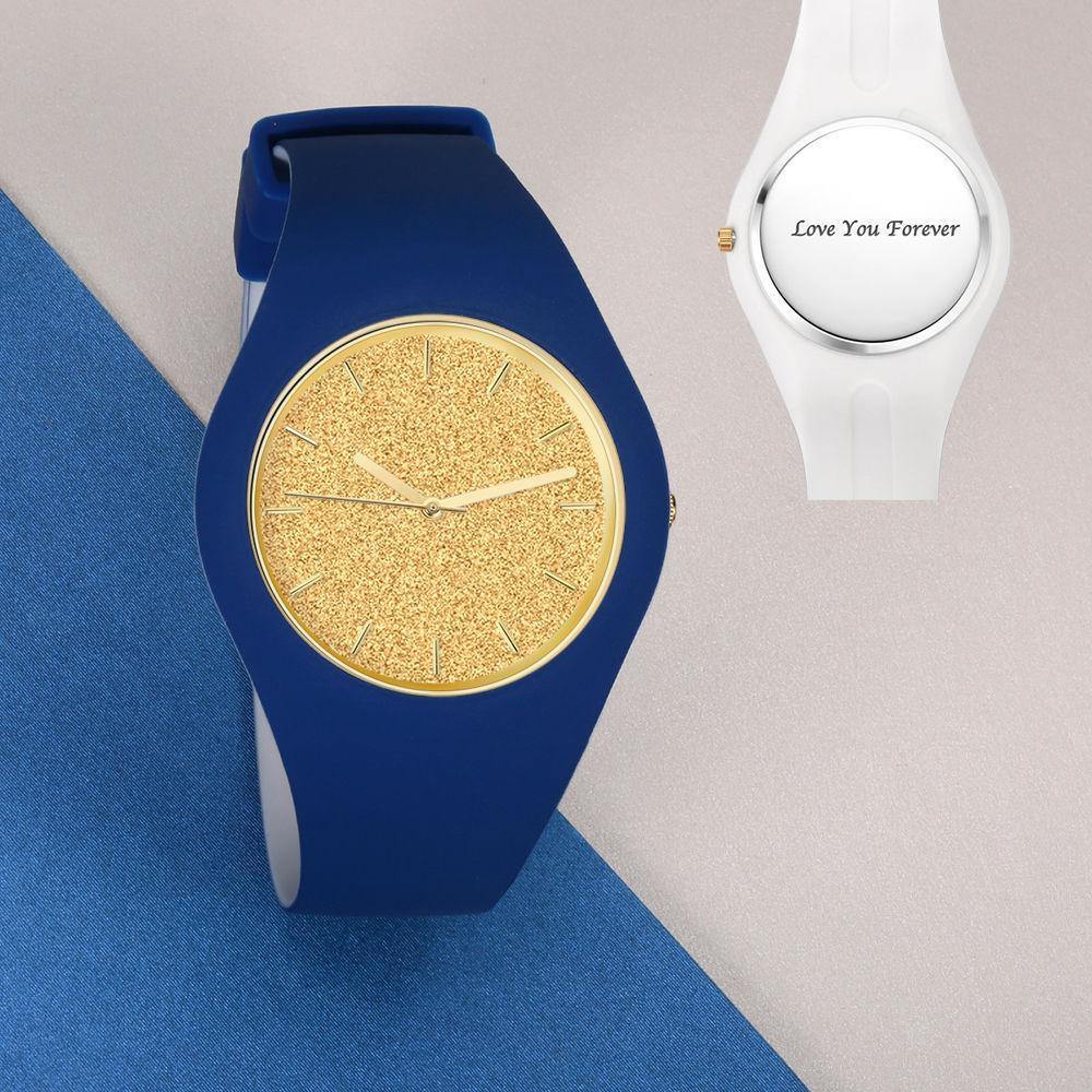 Unisex Silicone Engraved Watch Unisex Engraved Watch  41mm Blue and White Strap - Golden - soufeelus