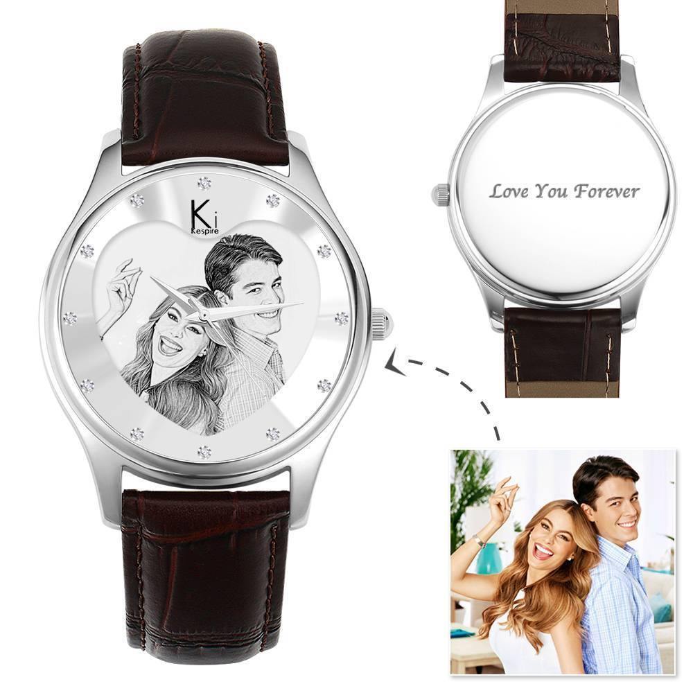 Men's Engraved Photo Watch 43mm Black Leather Strap- Sketch - soufeelus