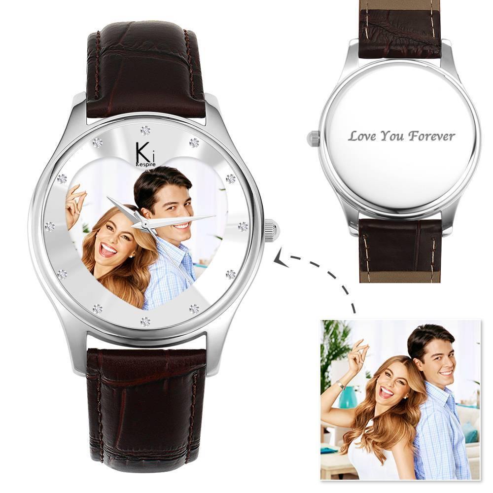Men's Engraved Photo Watch 43mm Brown Leather Strap - soufeelus