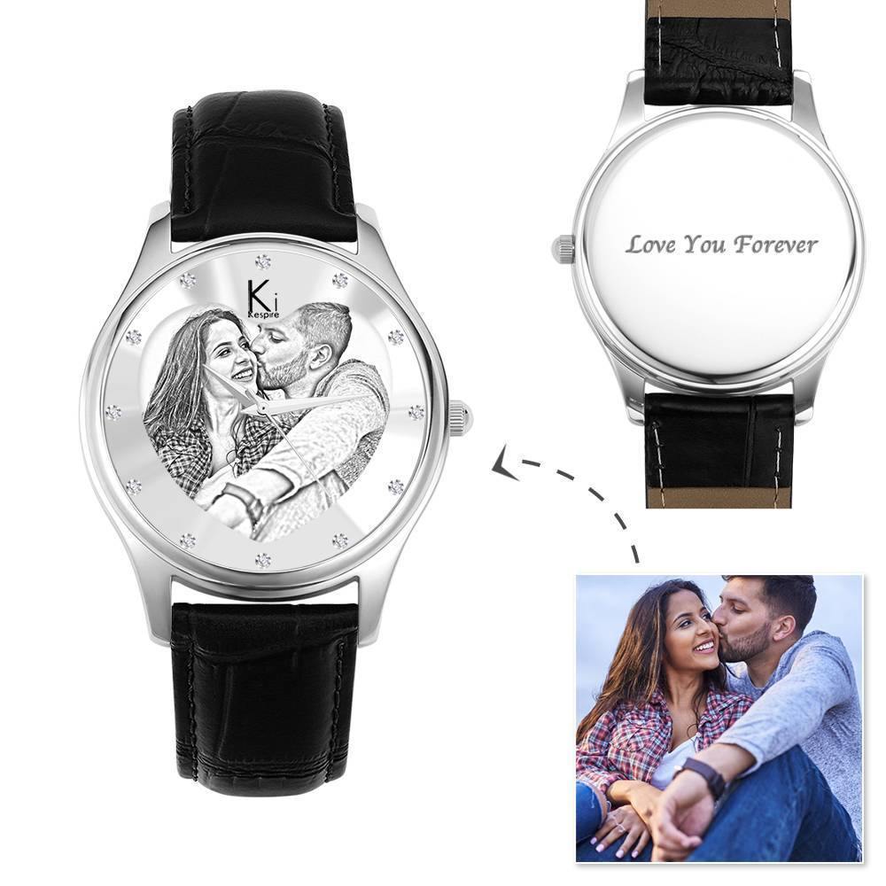 Women's Engraved Photo Watch 40mm Black Leather Strap - Sketch
