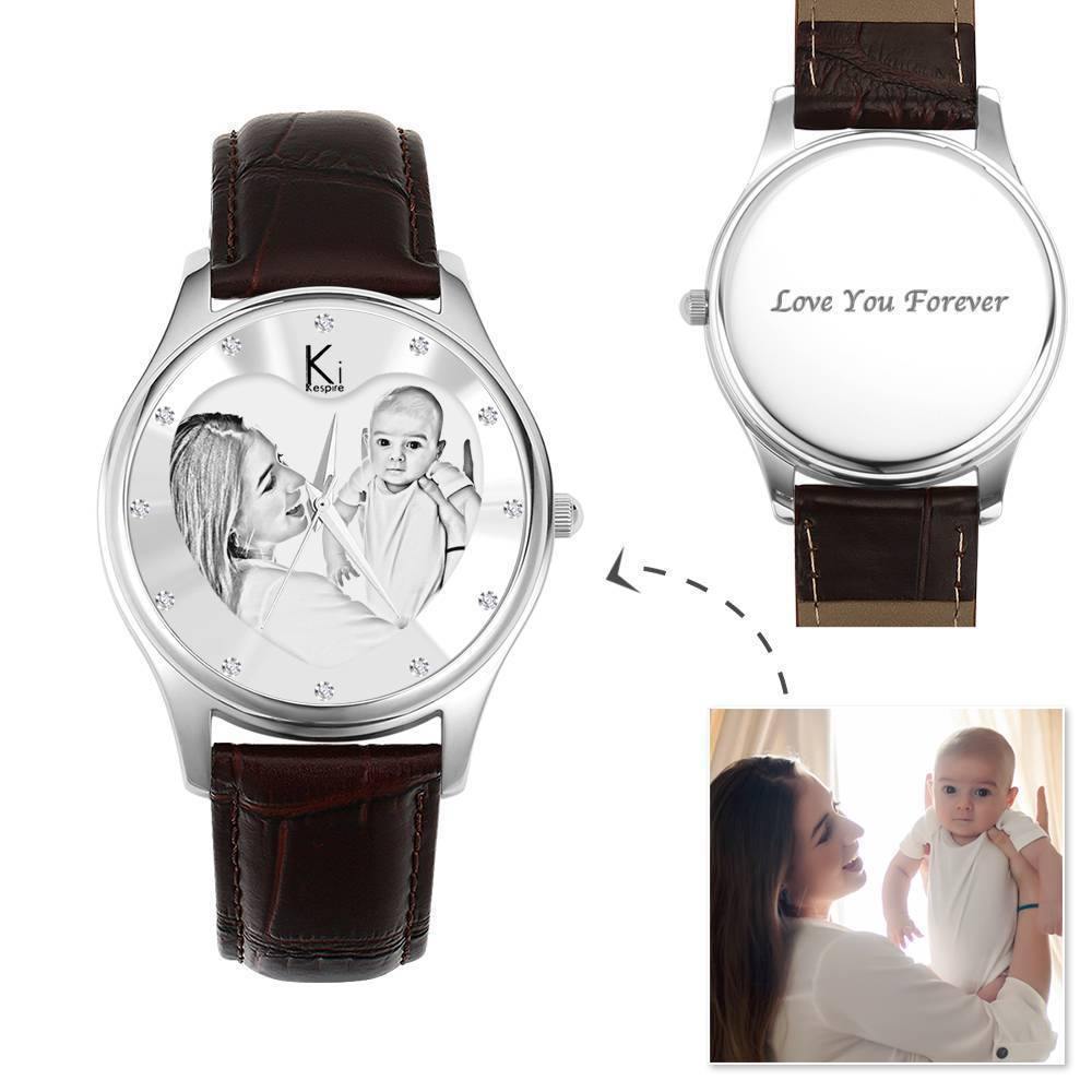 Women's Engraved Photo Watch 40mm Black Leather Strap - Sketch - soufeelus