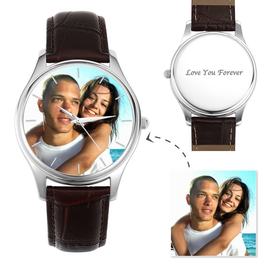 Men's Engraved Photo Watch 43mm Black Leather Strap
