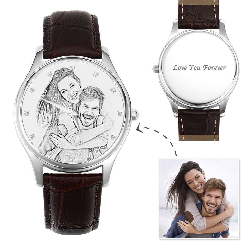 Men's Engraved Photo Watch 43mm Brown Leather Strap - Sketch - soufeelus