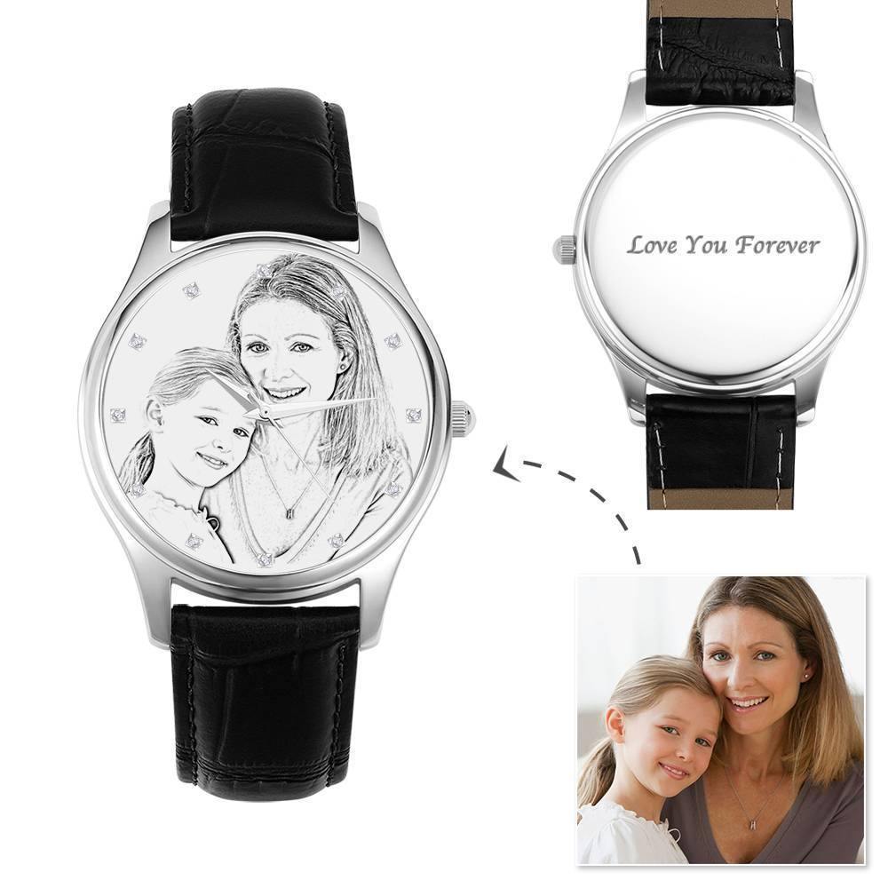 Women's Engraved Photo Watch 40mm Black Leather Strap - Sketch - soufeelus