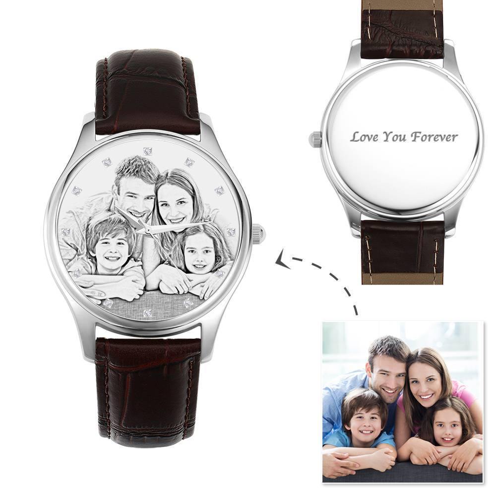Women's Engraved Photo Watch 40mm Brown Leather Strap - Sketch - soufeelus