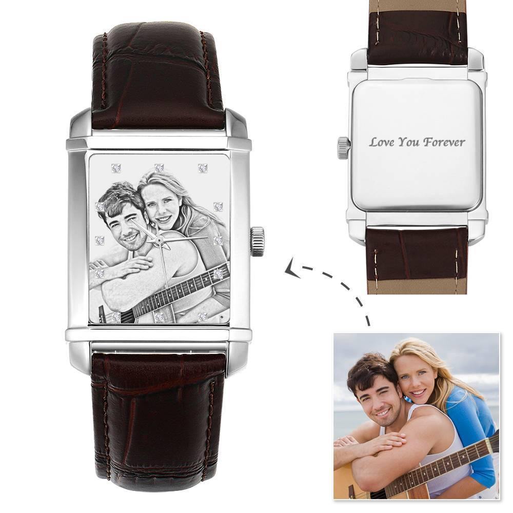 Men's Engraved Photo Watch 40*33mm Brown Leather Strap - Sketch - soufeelus