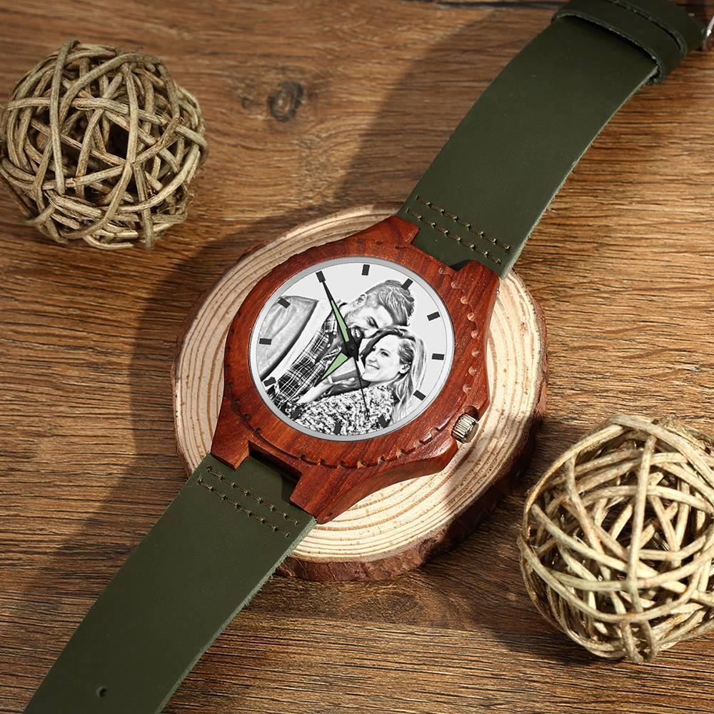 Unisex Engraved Photo Watch 48mm Wood Grain and Dark Green Strap - Sketch - soufeelus