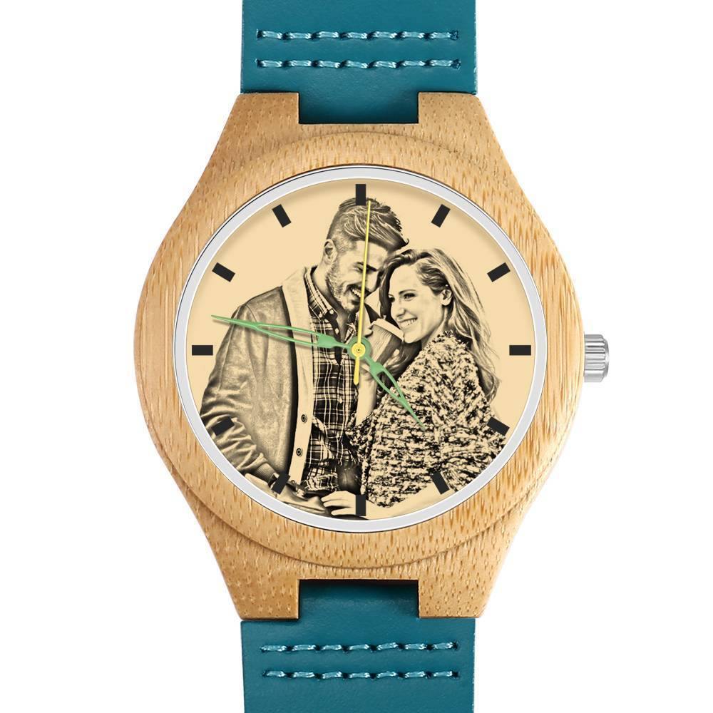 Men's Engraved Wooden Photo Watch Blue Leather Strap - Bamboo - soufeelus