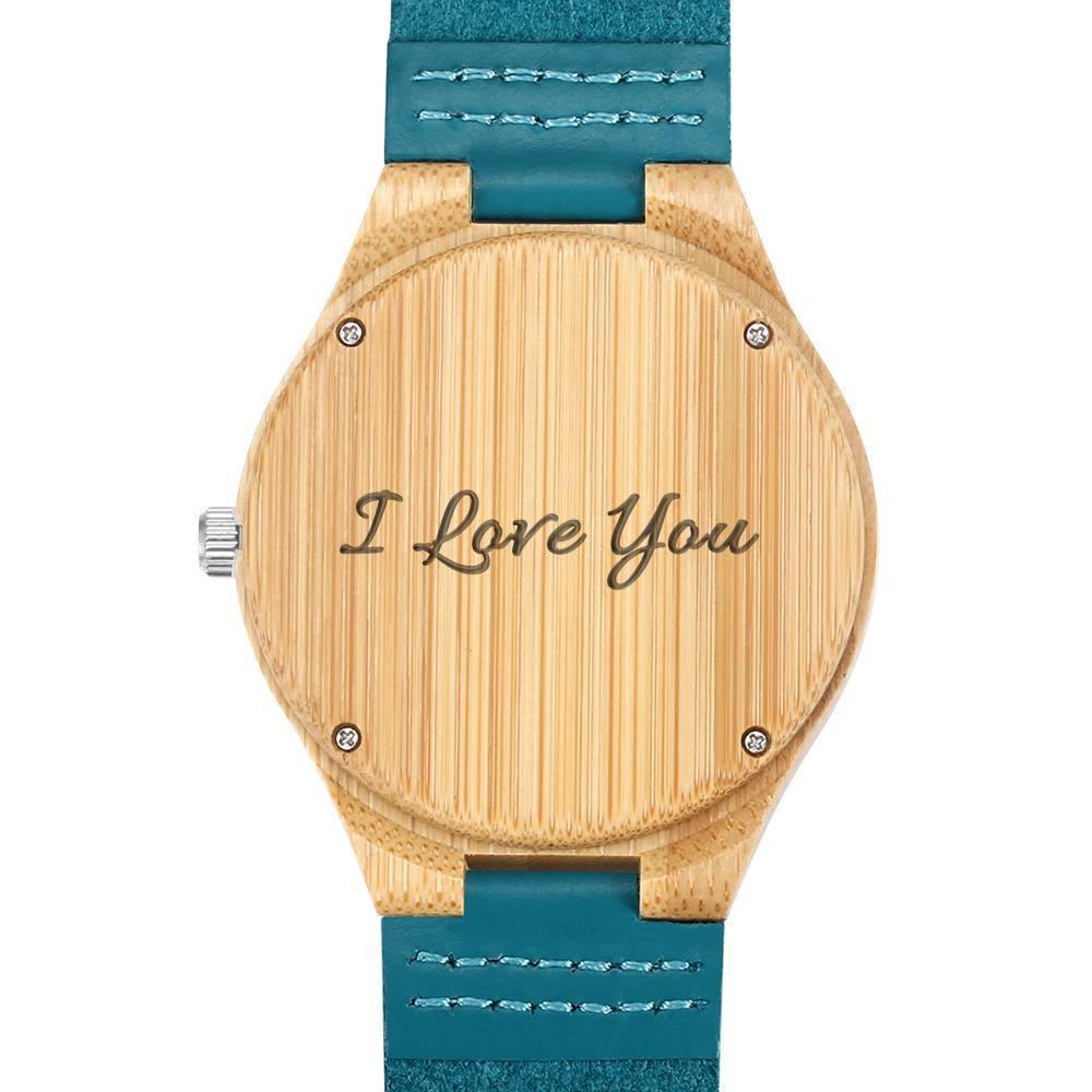Men's Engraved Wooden Photo Watch Blue Leather Strap - Bamboo - soufeelus