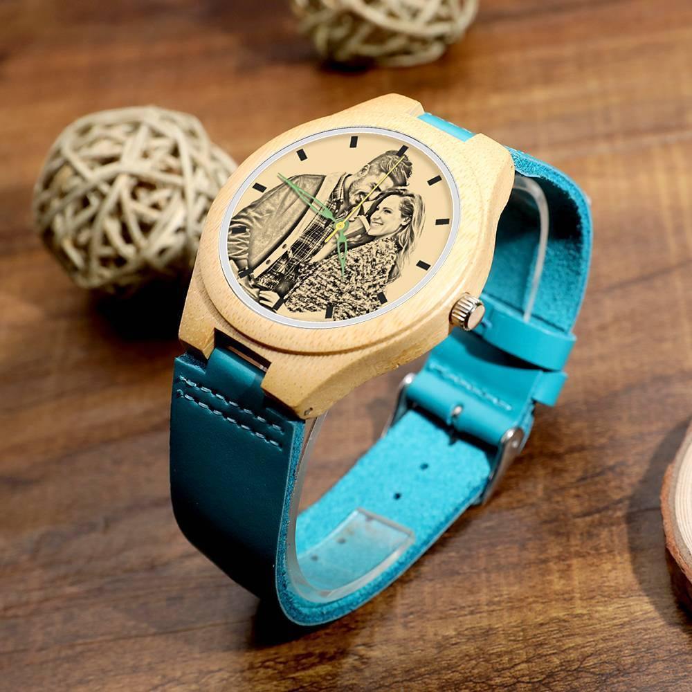 Men's Engraved Wooden Photo Watch Blue Leather Strap - Bamboo - soufeelus
