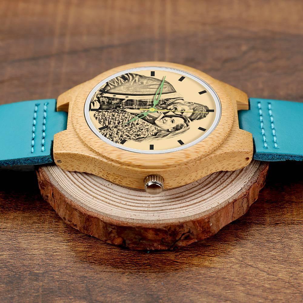 Men's Engraved Wooden Photo Watch Blue Leather Strap - Bamboo - soufeelus