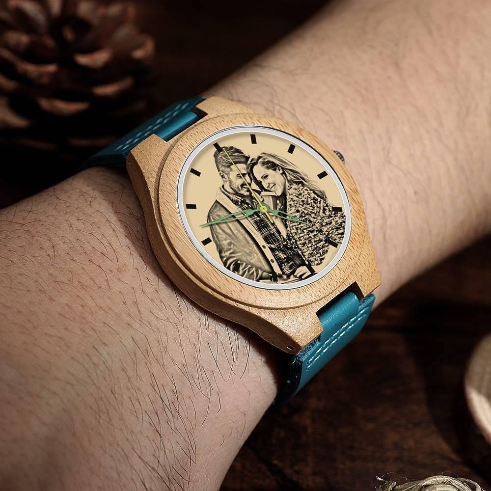 Men's Engraved Wooden Photo Watch Blue Leather Strap - Bamboo - soufeelus