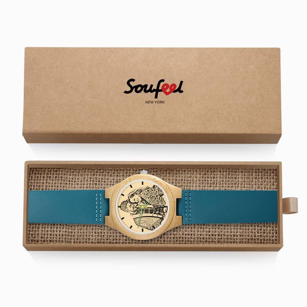Men's Engraved Wooden Photo Watch Blue Leather Strap - Bamboo - soufeelus