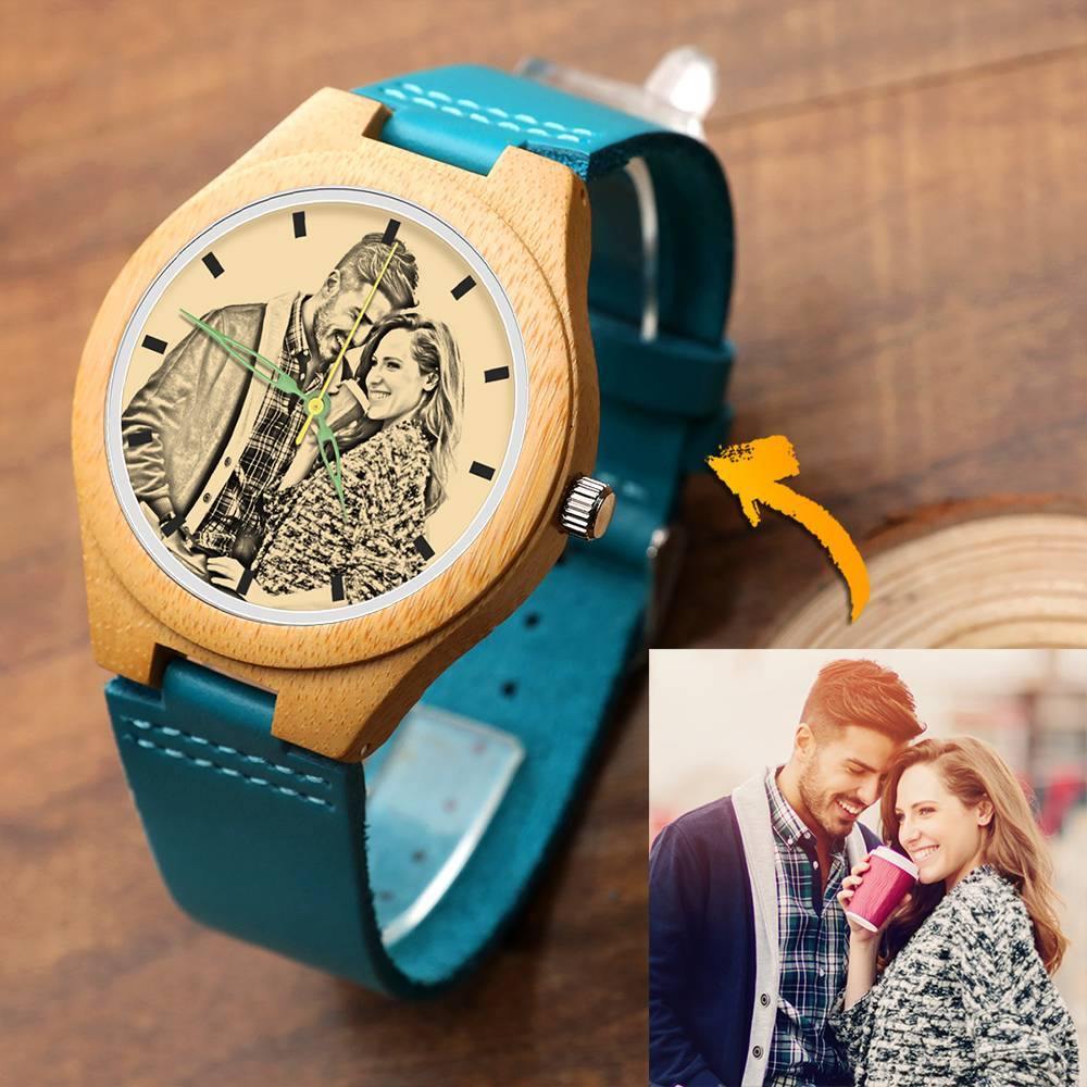 Men's Engraved Wooden Photo Watch Blue Leather Strap - Bamboo - soufeelus