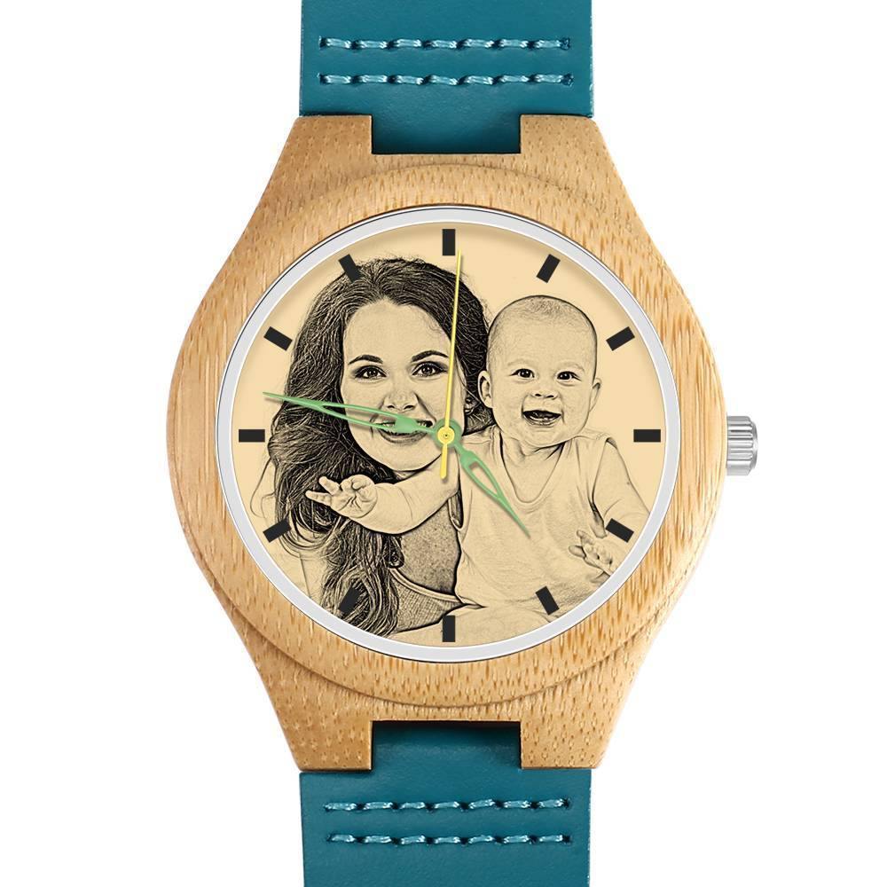 Women's Engraved Wooden Photo Watch Blue Leather Strap - Bamboo - soufeelus