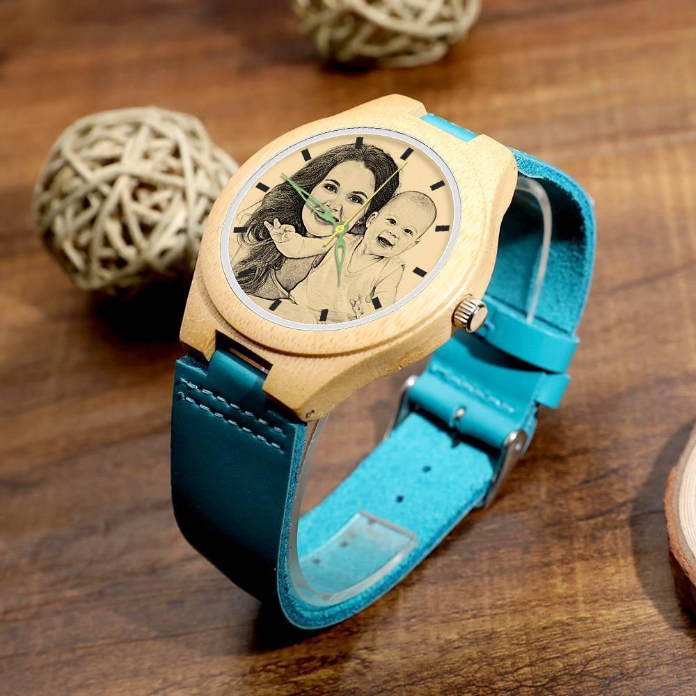 Women's Engraved Wooden Photo Watch Blue Leather Strap - Bamboo - soufeelus