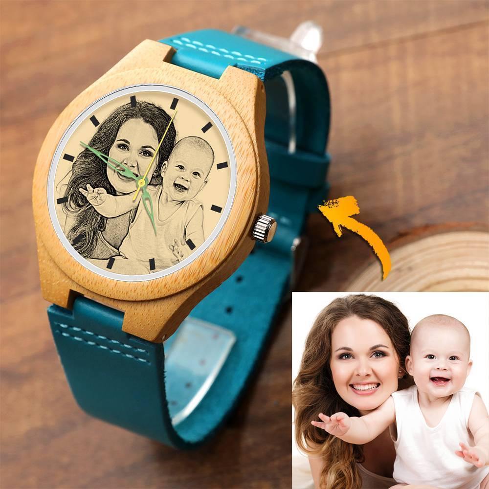 Women's Engraved Wooden Photo Watch Blue Leather Strap - Bamboo - soufeelus