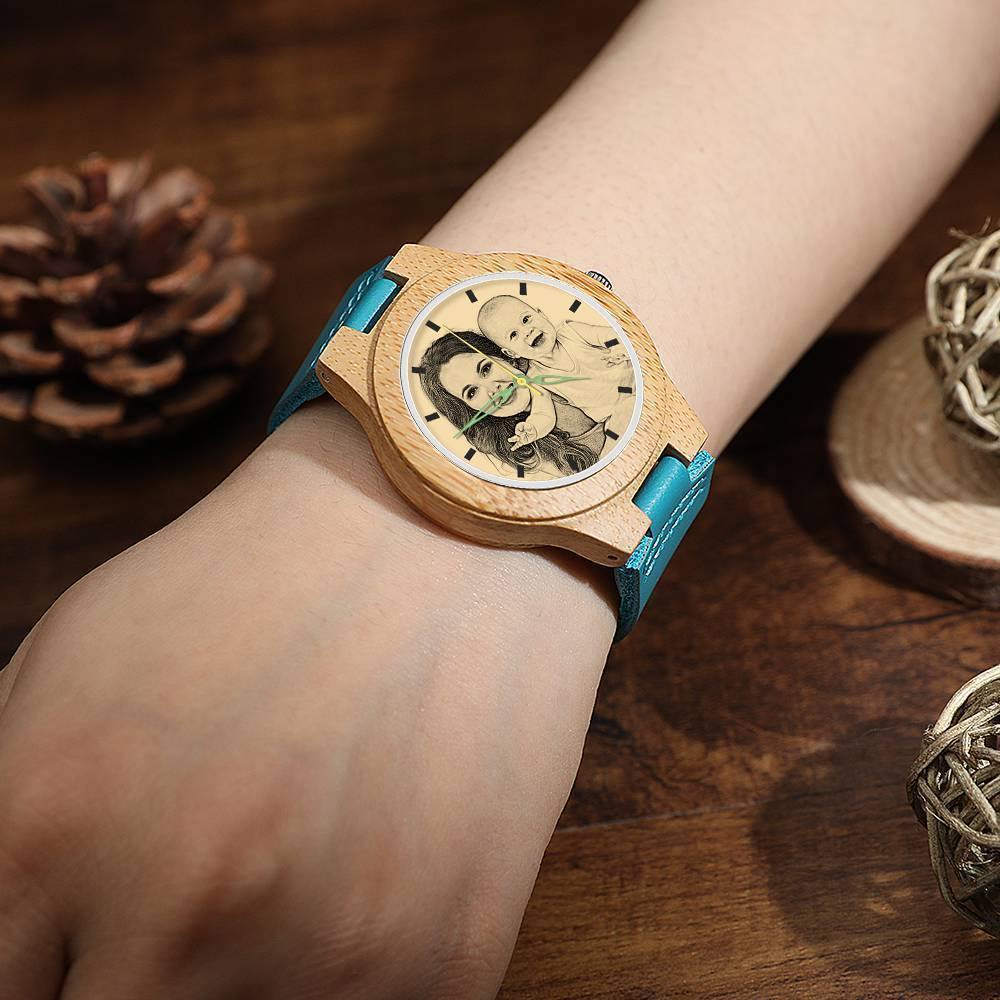 Women's Engraved Wooden Photo Watch Blue Leather Strap - Bamboo - soufeelus