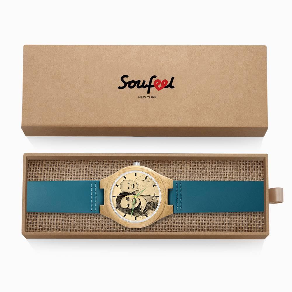 Women's Engraved Wooden Photo Watch Blue Leather Strap - Bamboo - soufeelus