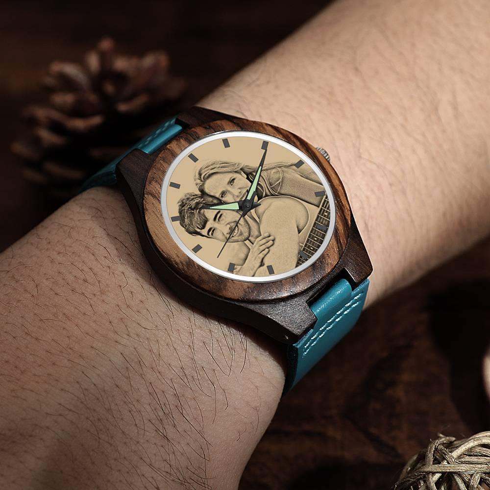 Men's Engraved Wooden Photo Watch Blue Leather Strap - Sandalwood - soufeelus