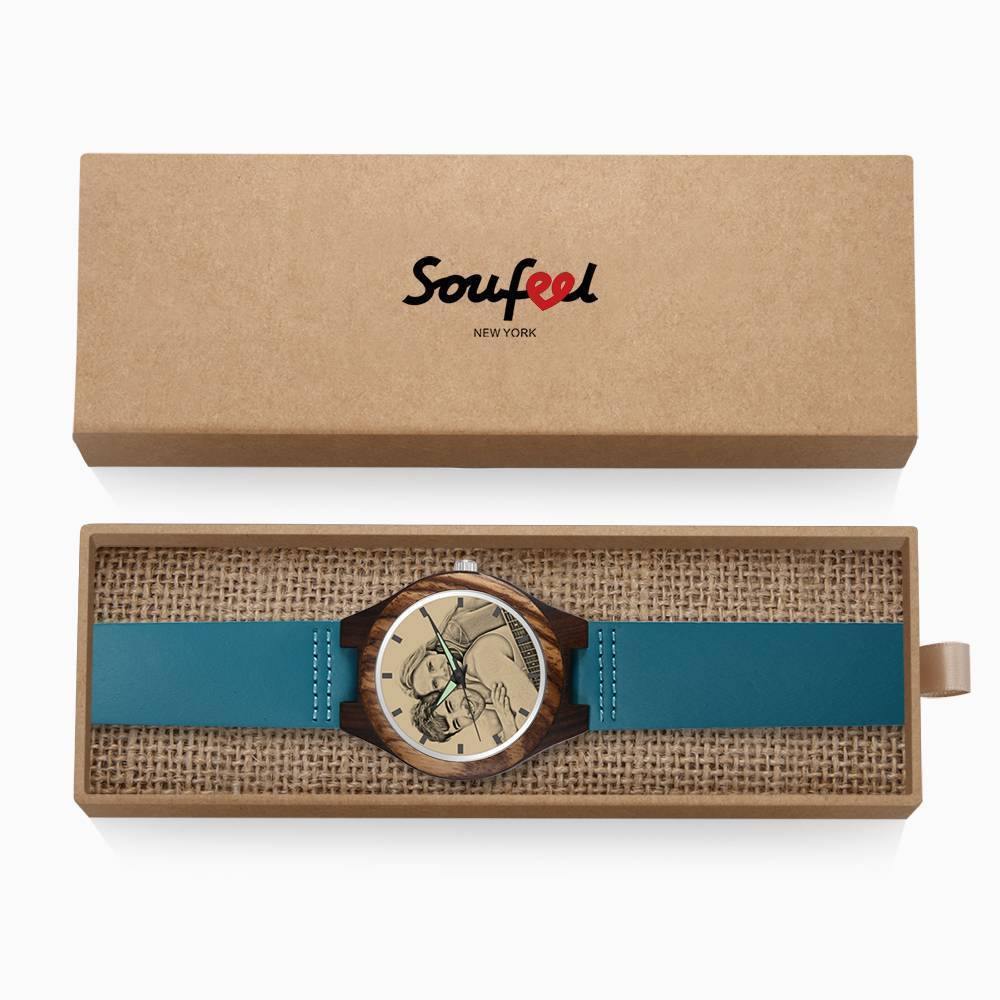 Men's Engraved Wooden Photo Watch Blue Leather Strap - Sandalwood - soufeelus