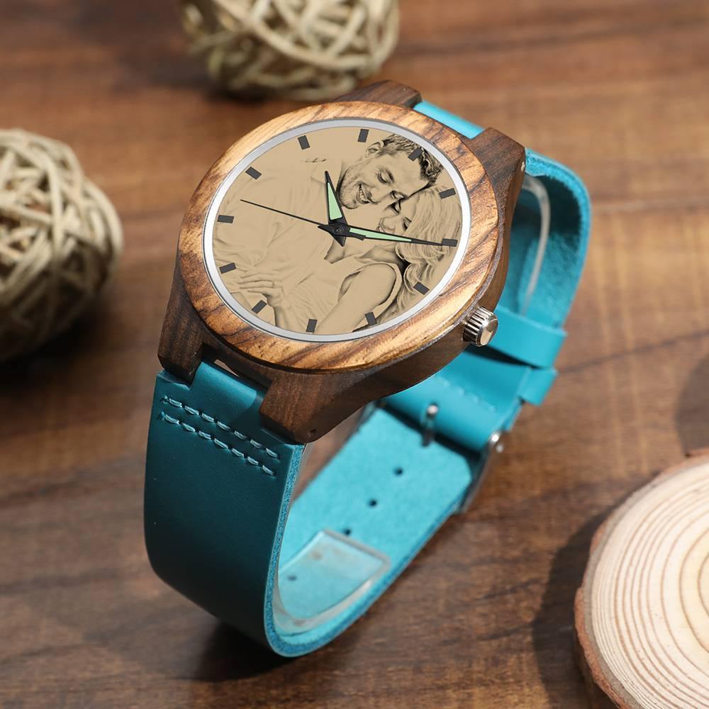 Women's Engraved Wooden Photo Watch Blue Leather Strap - Sandalwood - soufeelus