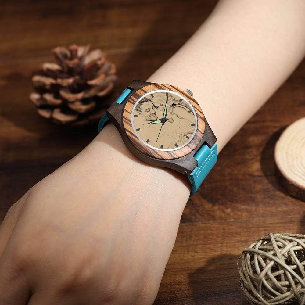 Women's Engraved Wooden Photo Watch Blue Leather Strap - Sandalwood - soufeelus