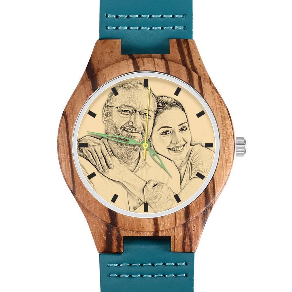 Men's Engraved Wooden Stripe Photo Watch Blue Leather Strap - Zebra Wood - soufeelus