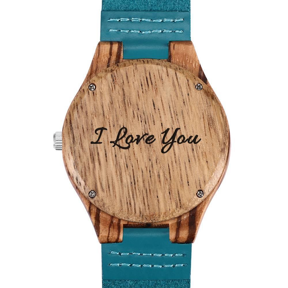 Men's Engraved Wooden Stripe Photo Watch Blue Leather Strap - Zebra Wood - soufeelus