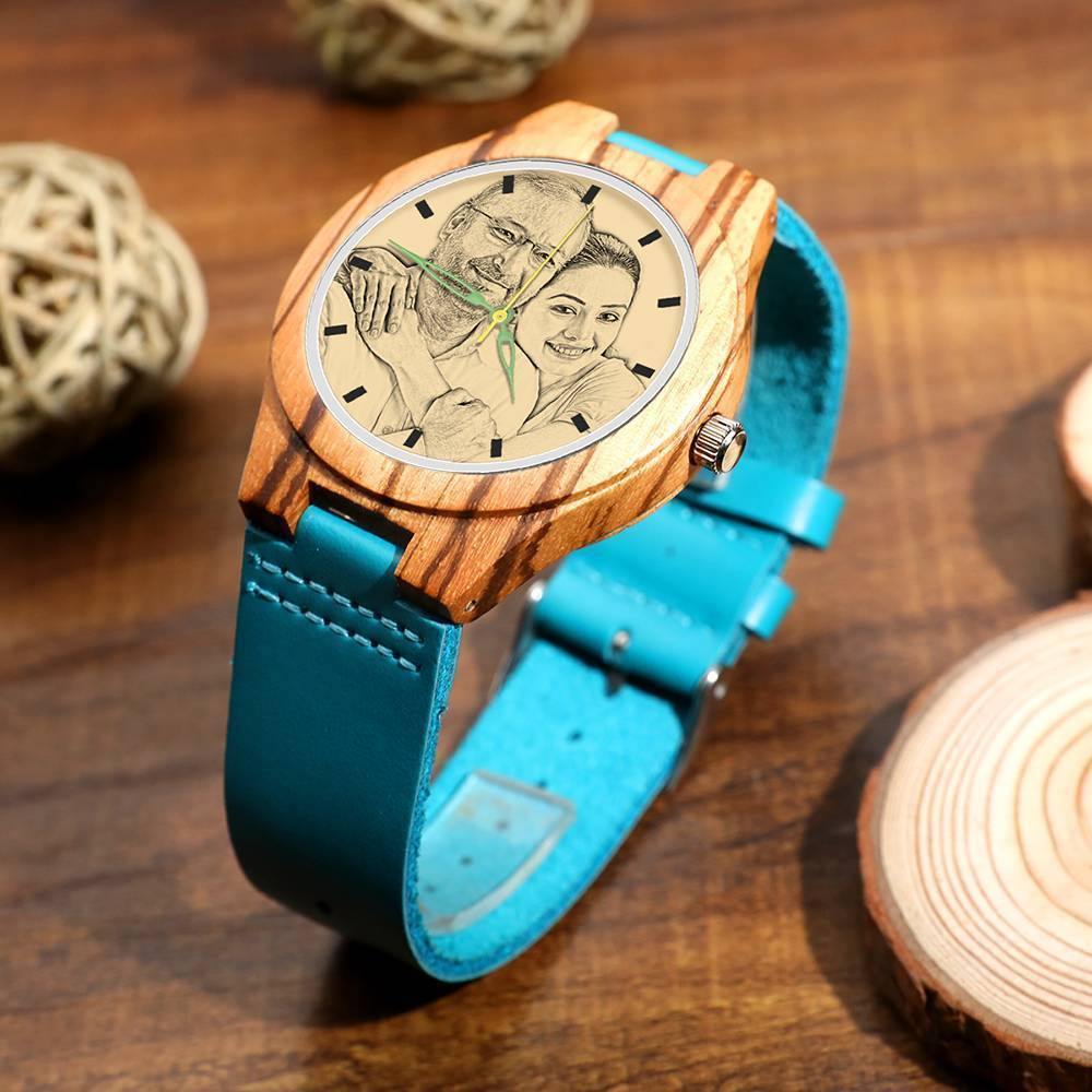 Men's Engraved Wooden Stripe Photo Watch Blue Leather Strap - Zebra Wood - soufeelus