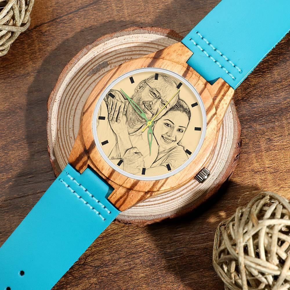 Men's Engraved Wooden Stripe Photo Watch Blue Leather Strap - Zebra Wood - soufeelus