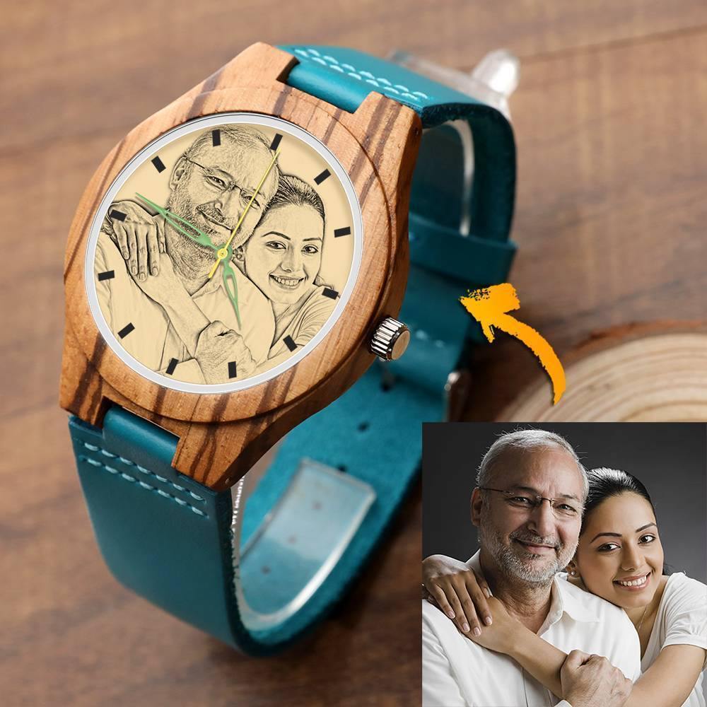 Men's Engraved Wooden Stripe Photo Watch Blue Leather Strap - Zebra Wood - soufeelus