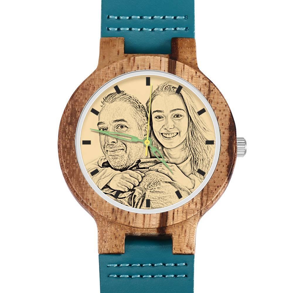 Men's Engraved Wooden Photo Watch Blue Leather Strap - Zebra Wood - soufeelus