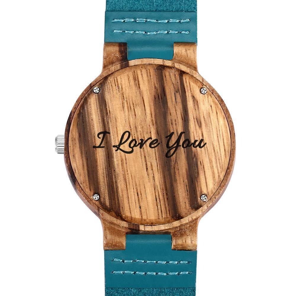 Men's Engraved Wooden Photo Watch Blue Leather Strap - Zebra Wood - soufeelus