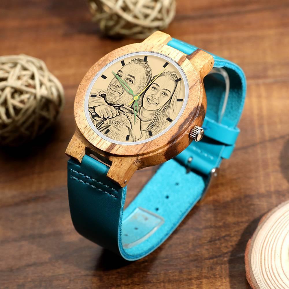 Men's Engraved Wooden Photo Watch Blue Leather Strap - Zebra Wood - soufeelus