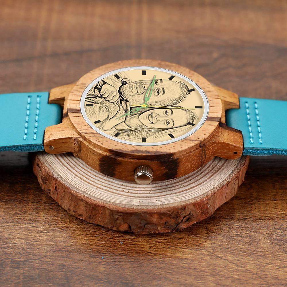 Men's Engraved Wooden Photo Watch Blue Leather Strap - Zebra Wood - soufeelus