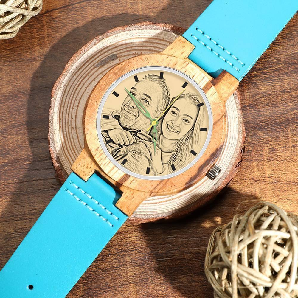 Men's Engraved Wooden Photo Watch Blue Leather Strap - Zebra Wood - soufeelus