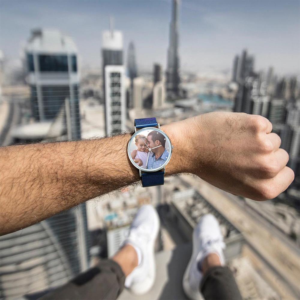 Personalized Engraved Watch, Custom Your Own Photo Watch with Blue Strap - soufeelus