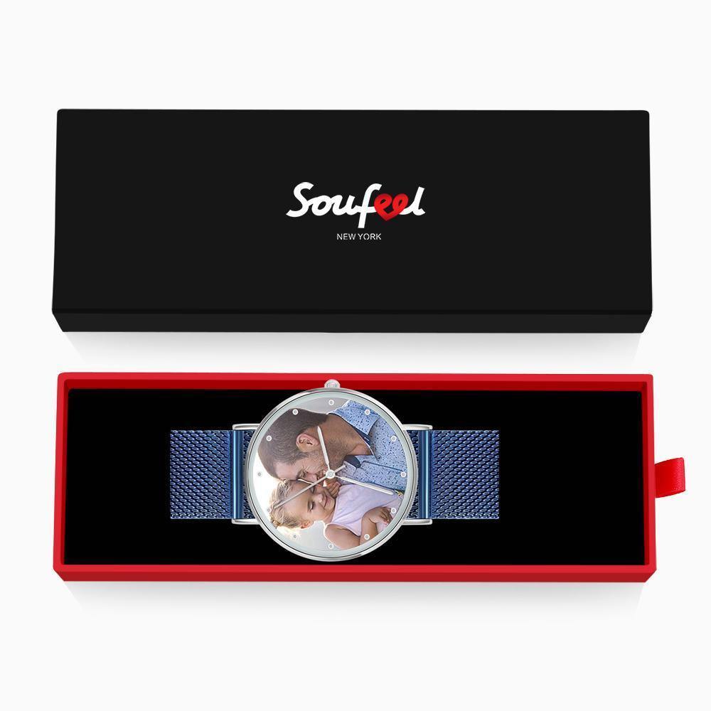 Personalized Engraved Watch, Custom Your Own Photo Watch with Blue Strap - soufeelus