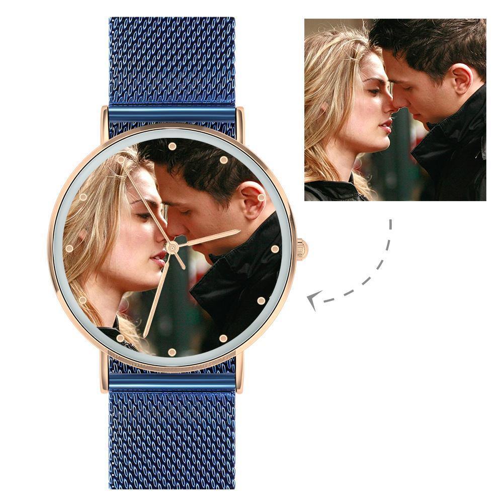 Personalized Engraved Watch, Photo Watch with Blue Strap - Gift for Boyfriend - soufeelus