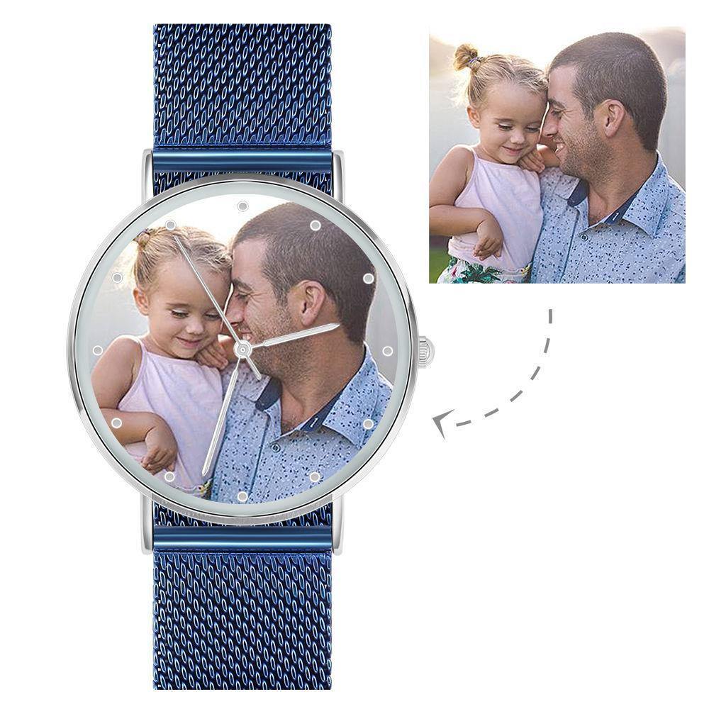 Photo Engraved Watch, Custom Your Own Photo Watch with Blue Strap - Women - soufeelus
