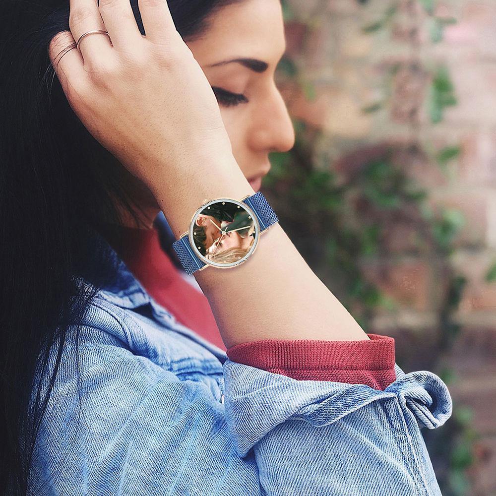 Photo Engraved Watch, Personalized Photo Watch with Blue Strap - Women - soufeelus