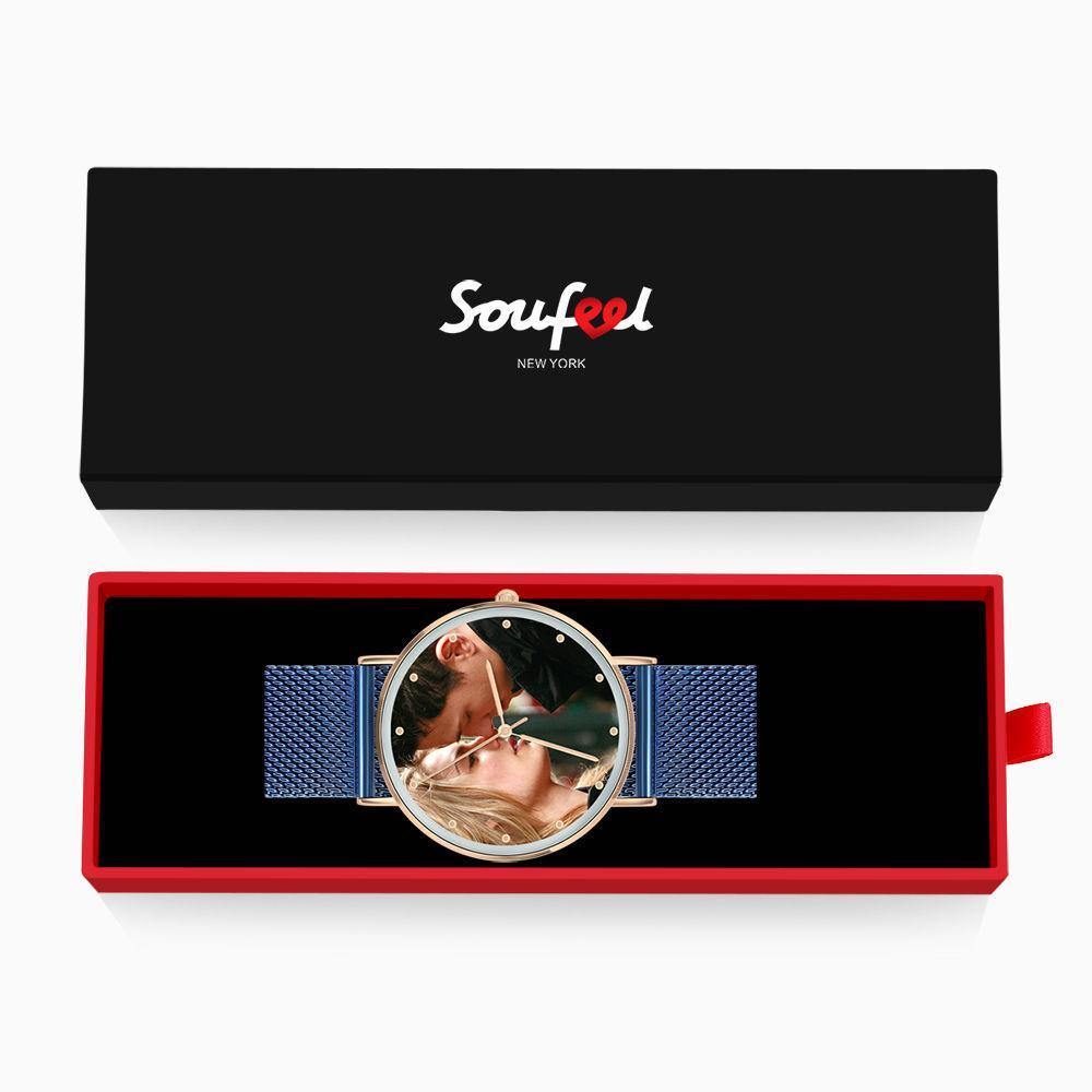 Photo Engraved Watch, Personalized Photo Watch with Blue Strap - Women - soufeelus